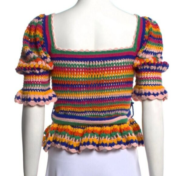 NWOT Rare Farm Rio Stripe Multicolor Crochet Cotton Blend Sweater/Top S $240 - Picture 3 of 11